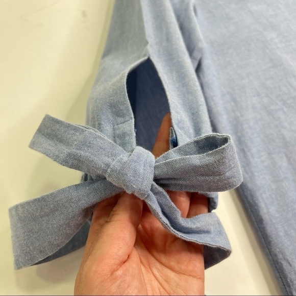 Rungolee Blue Jean Chambray Split Neck Bow Sleeve Casual Boho Hippie Top Shirt - Picture 8 of 13